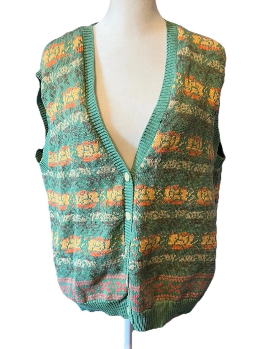 Vintage GAP Green Cotton Sweater Vest Tight Knit Button Grandpa Men’s Large flaw